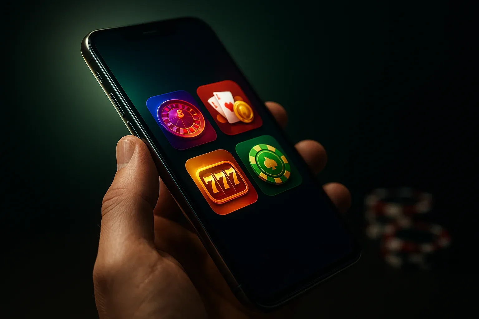 Hyperrealistic Android smartphone showing premium casino app interface, dramatic studio lighting