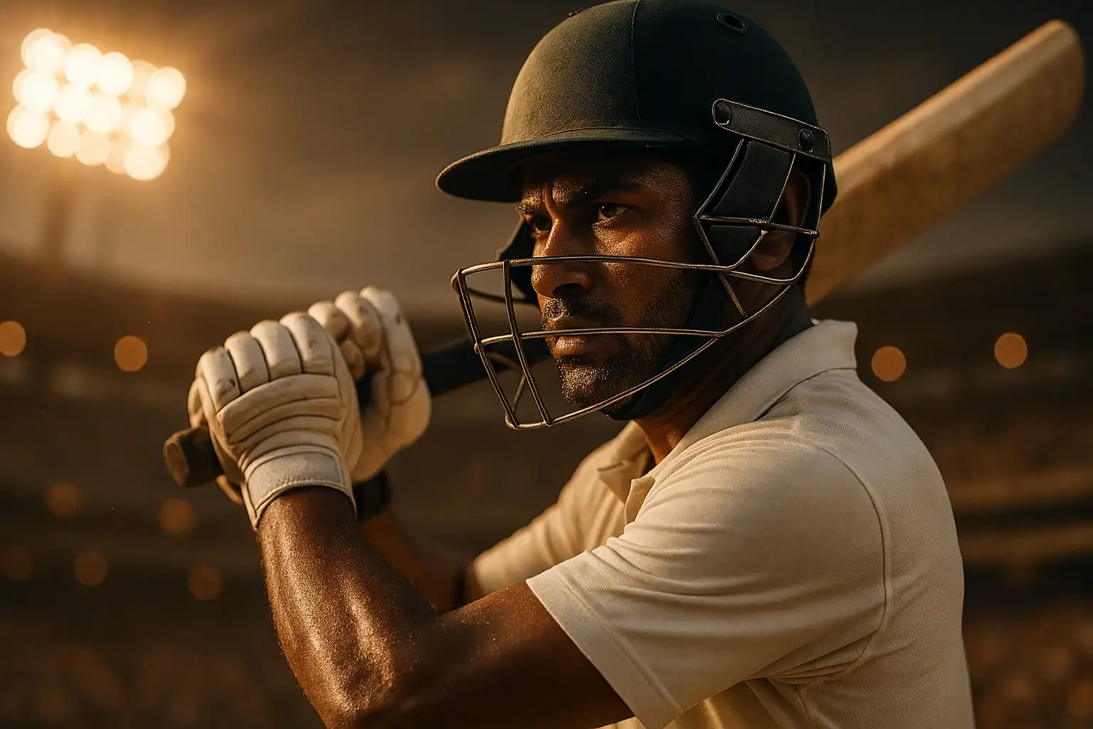 Hyperrealistic close-up of Bangladeshi cricket batsman swinging bat under stadium lights