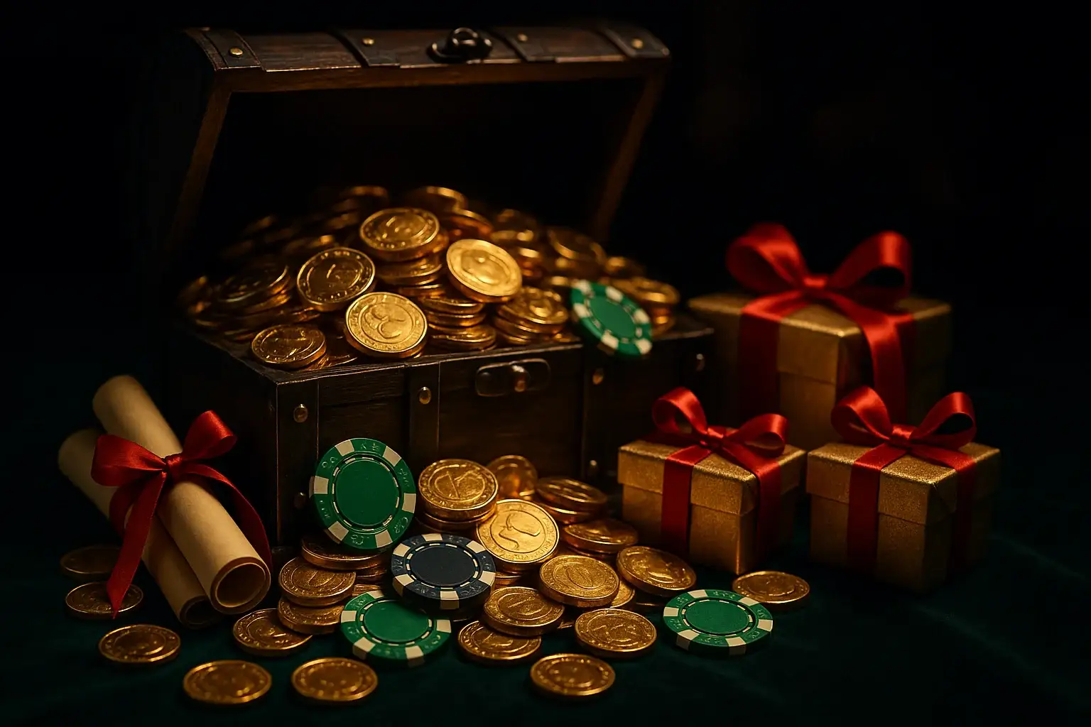 Overflowing treasure chest with gold coins, casino chips, vouchers, and gift boxes