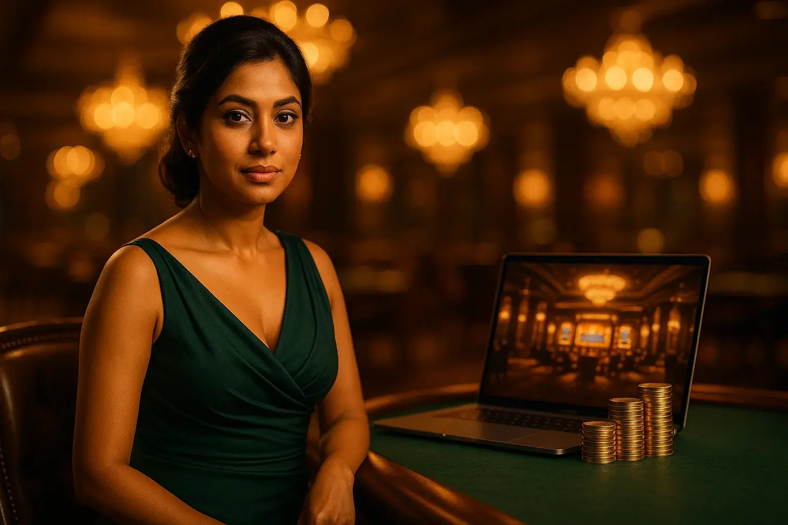 Bangladeshi woman in emerald gown at VIP online casino lounge