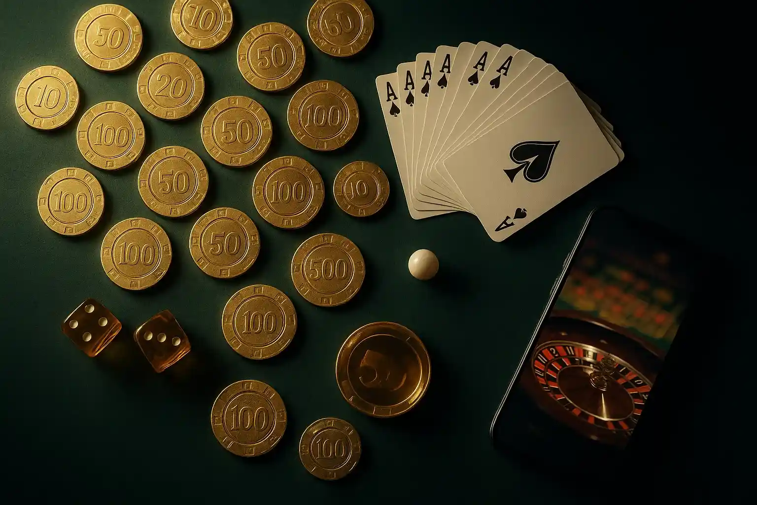 Top-down casino table with gold chips, cards, dice, roulette ball, smartphone