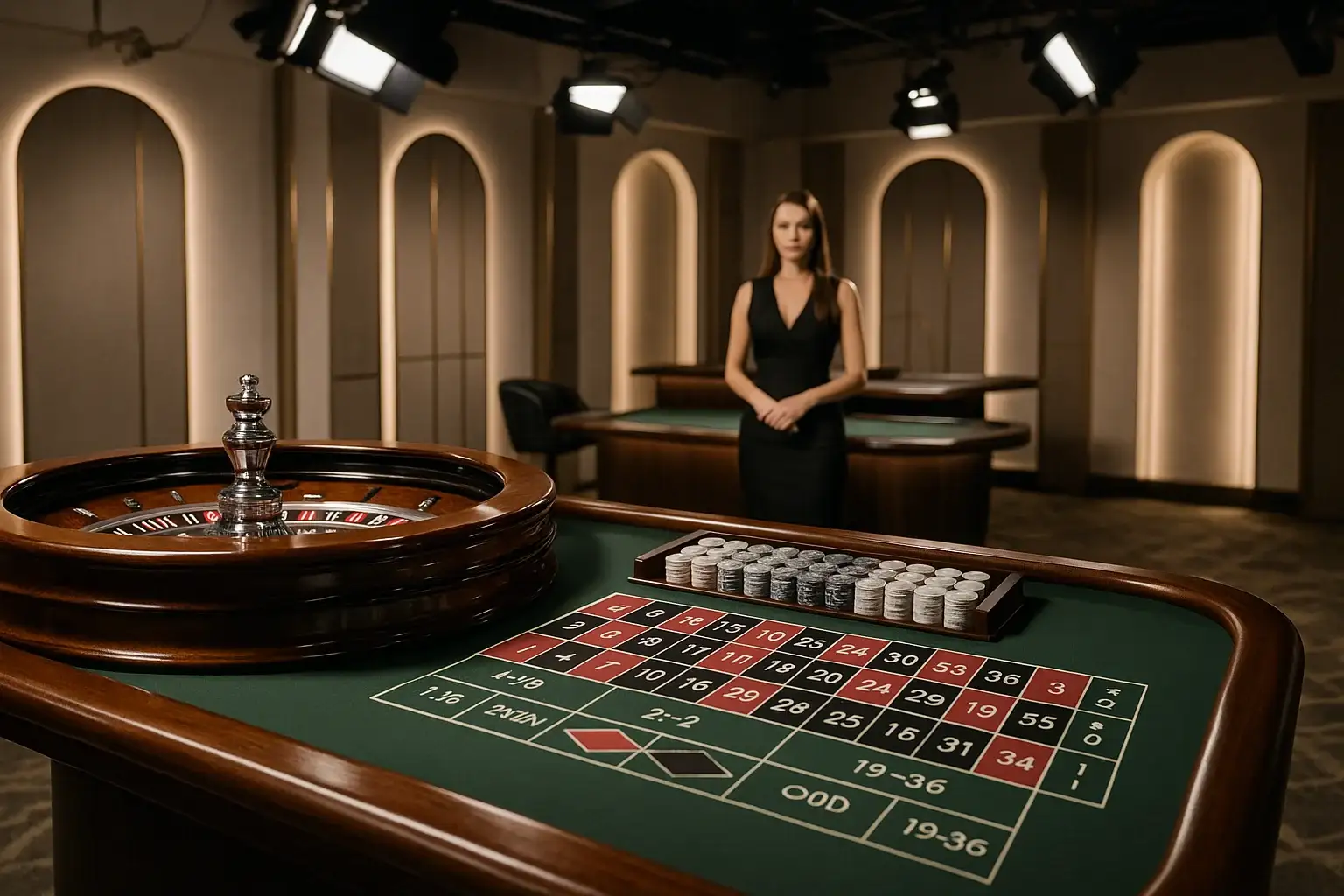 Hyperrealistic wide shot of empty roulette table in premium live casino studio