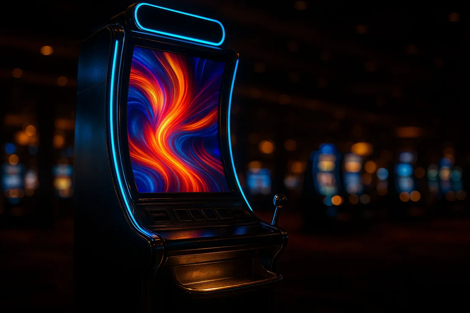 Hyperrealistic wide shot of premium slot machine in dark luxury casino